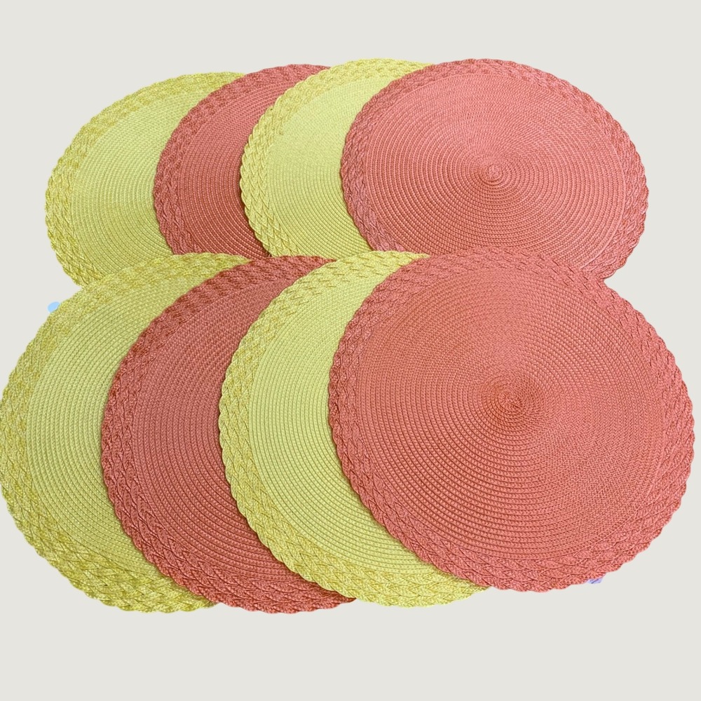 Set of 8 Pier 1 Imports Round Woven Placemats Coral Yellow 15" Braided Scalloped